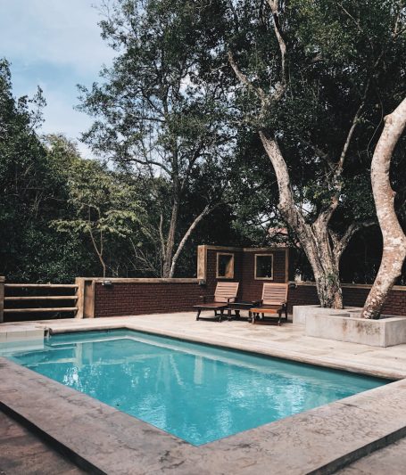 Luxury poolside area with lounge chairs, surrounded by trees and a wooden fence.