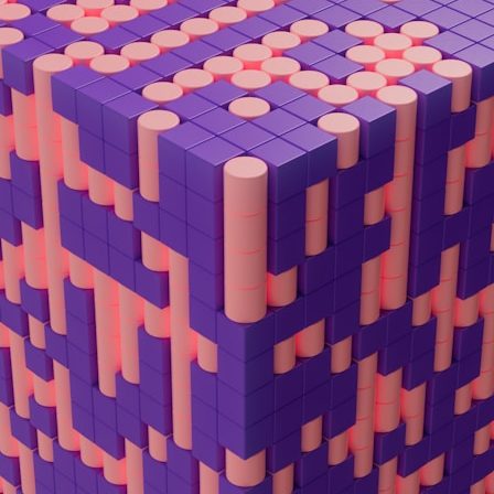 TITLE A 3D cube composed of purple and pink cylindrical stacks.